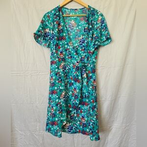 J. Crew Womens 10 Teal Green Floral Wrap Dress Flutter Sleeve